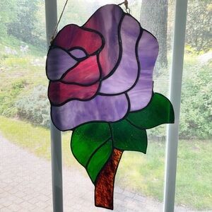 Vintage Stained Glass Rose Suncatcher Purple Green Floral Window Art 11”